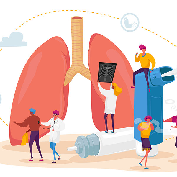 illustration of asthma patients, doctors, and lungs
