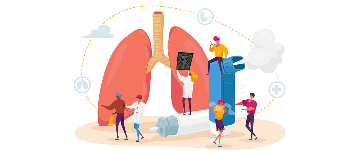 illustration of asthma patients, doctors, and lungs